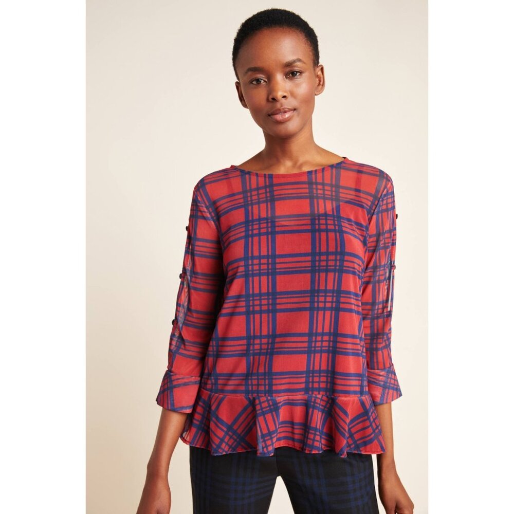 Anthropologie Flounced Plaid Pink and Navy Mesh Top by Eva Franco